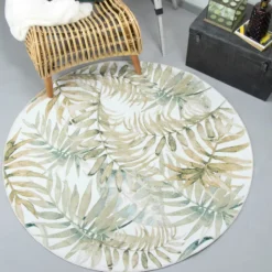 Boho Teppich Rund - Palmier Blätter Naturel