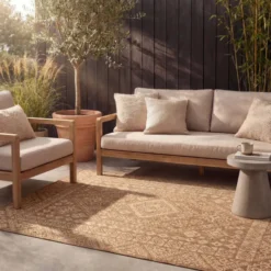 Garten Teppich Jute - Mavi Medaillon Creme Braun