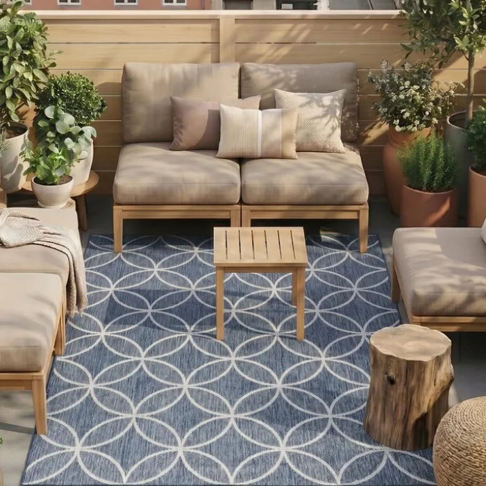 Geometrischer Outdoor Teppich - Faro Ripple Blau