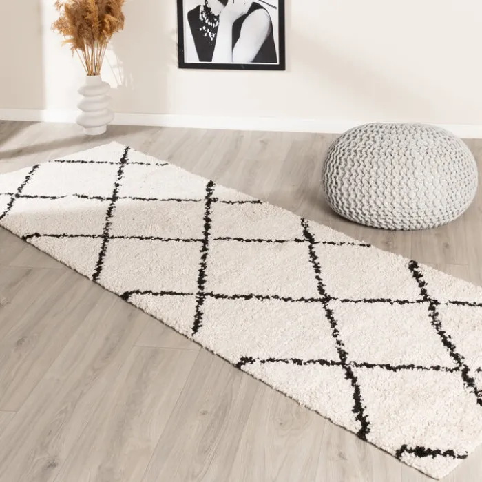 Hochflor Läufer - Grand Lines Creme Schwarz