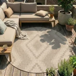 In- & Outdoor Jute Teppich Rund - Atlas Diamond Braun Creme
