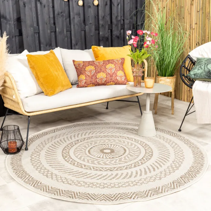In- & Outdoor Jute Teppich Rund - Nomad Aztec Creme