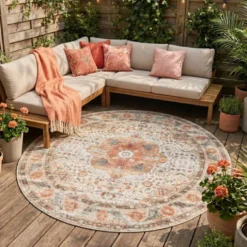 In- & Outdoor Teppich Rund - Kairo Medaillon Creme Bunt