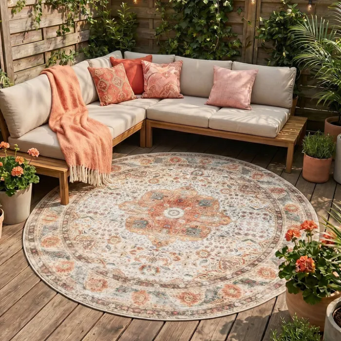 In- & Outdoor Teppich Rund - Kairo Medaillon Creme Bunt