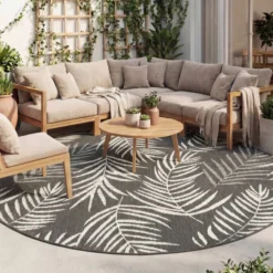 In- & Outdoor Teppich Rund - Malta Leaves Schwarz