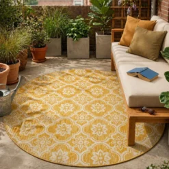In- & Outdoor Teppich Rund - Rio Flower Gelb