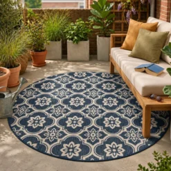 In- & Outdoor Teppich Rund - Rio Flower Blau