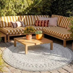 In- & Outdoor Teppich Rund - Summer Azteca Hellgrau