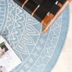 In- & Outdoor Teppich Rund - Summer Azteca Hellblau