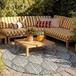 In- & Outdoor Teppich Rund - Summer Leaves Grau