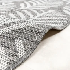 In- & Outdoor Teppich Rund - Summer Leaves Grau