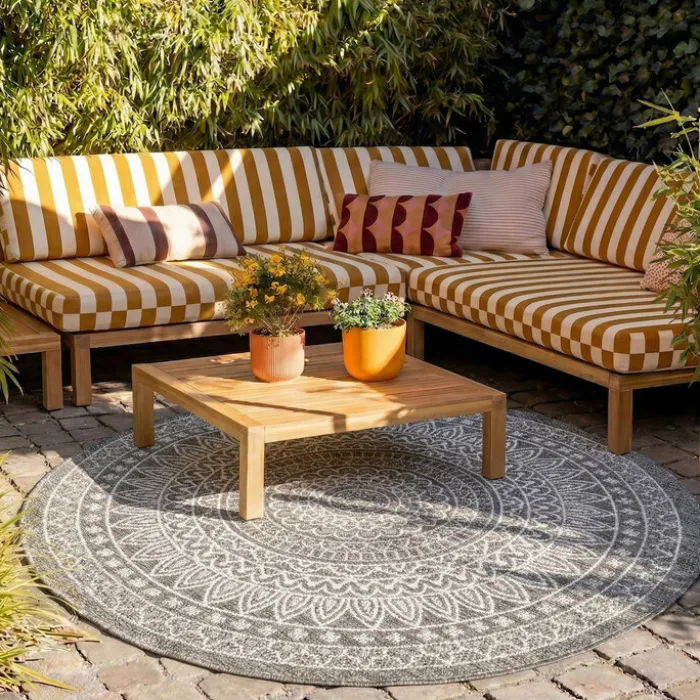 In- & Outdoor Teppich Rund - Summer Azteca Grau