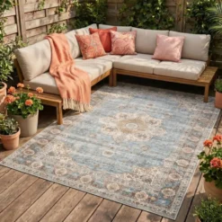 In- & Outdoor Teppich Vintage - Kairo Medaillon Hellblau Creme
