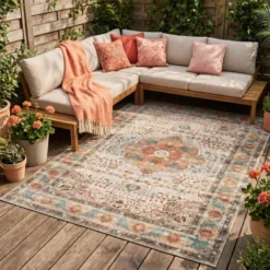 In- & Outdoor Teppich Vintage - Kairo Medaillon Creme Bunt