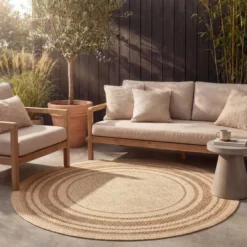 Jute Gartenteppich Rund - Mavi Border Creme Braun