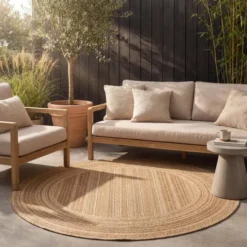 Jute Gartenteppich Rund - Mavi Stripes Creme Braun
