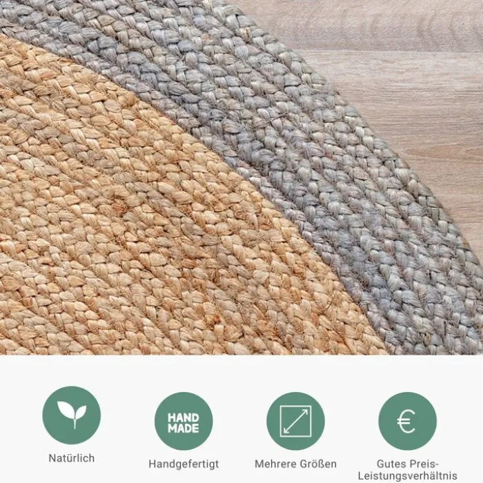 Jute Teppich Rund - Fair Natur Grau
