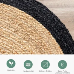 Jute Teppich Rund - Fair Natur Schwarz