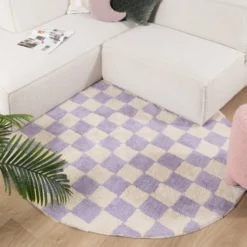 Rund Retro Teppich - Gambit Lila Weiß