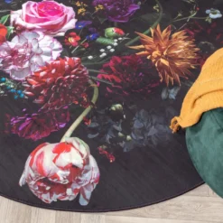 Teppich Floral Rund - Florine Schwarz Rosa