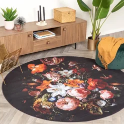 Teppich Floral Rund - Florine Schwarz Orange