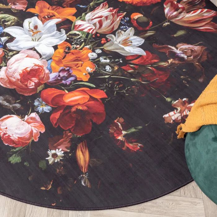 Teppich Floral Rund - Florine Schwarz Orange