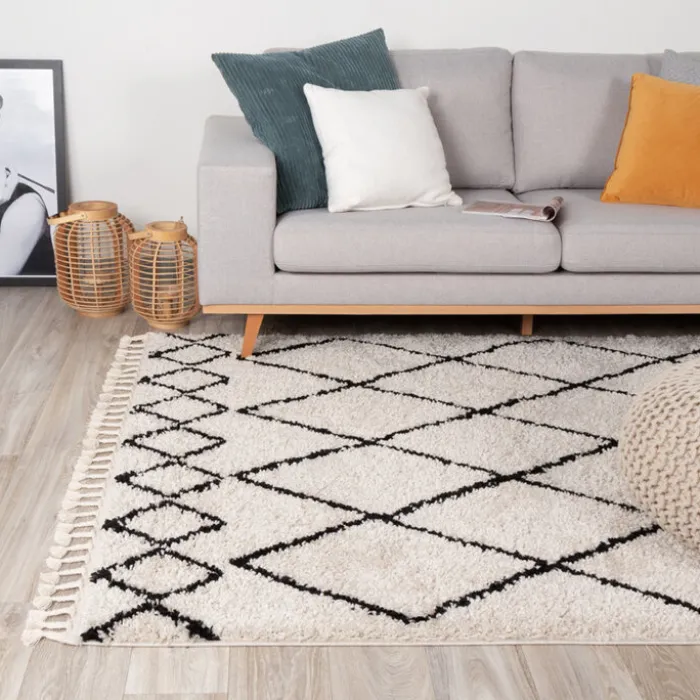 Teppich Hochflor - Grand Diamond Weave Creme Schwarz