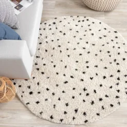 Teppich Hochflor Rund - Grand Dots Creme Schwarz