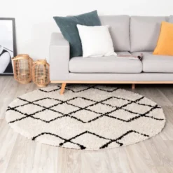 Teppich Hochflor Rund - Grand Diamond Creme Schwarz