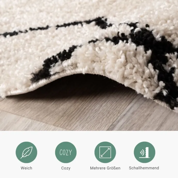 Teppich Hochflor Rund - Grand Diamond Creme Schwarz