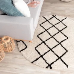 Teppich Hochflor Rund - Grand Diamond Creme Schwarz