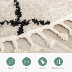 Teppich Hochflor Rund - Grand Lines Weave Creme Schwarz
