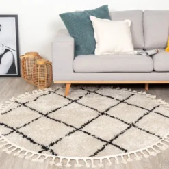 Teppich Hochflor Rund - Grand Lines Weave Creme Schwarz
