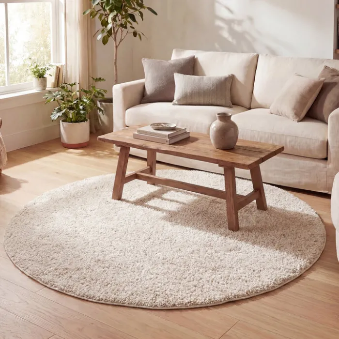 Teppich Hochflor Rund - Lofty Creme Weiß