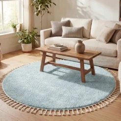 Teppich Hochflor Rund - Lofty Fringe Hellblau Türkis