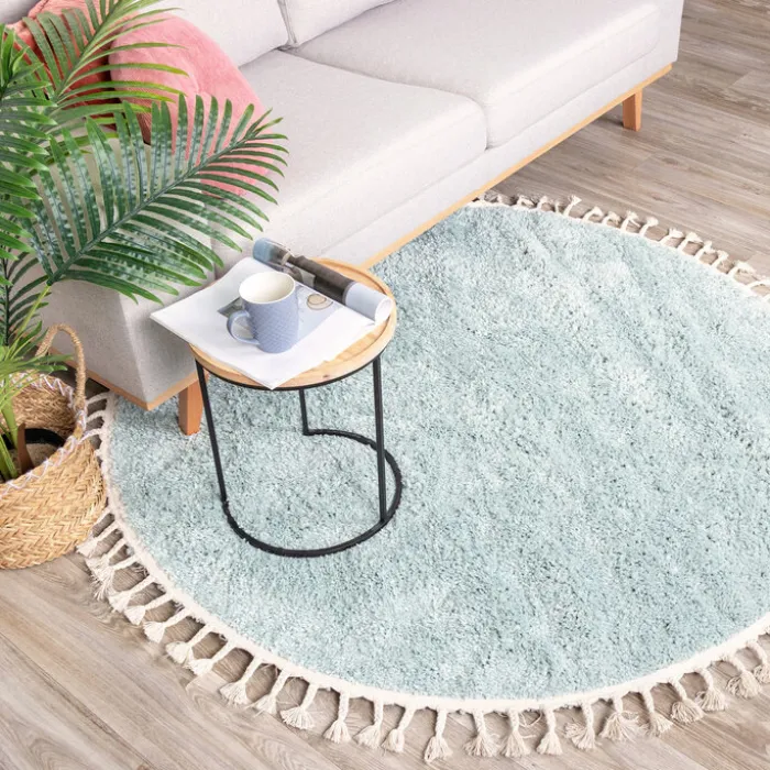 Teppich Hochflor Rund - Lofty Fringe Hellblau Türkis