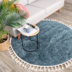 Teppich Hochflor Rund - Lofty Fringe Blau