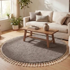 Teppich Hochflor Rund - Lofty Fringe Taupe