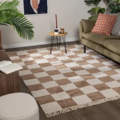 Teppich kariert - Blox Fringe beige weiß