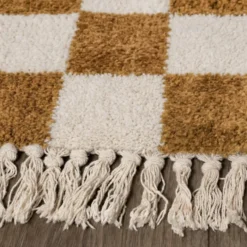 Teppich kariert - Blox Fringe ockergelb weiß