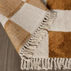 Teppich kariert - Blox Fringe ockergelb weiß