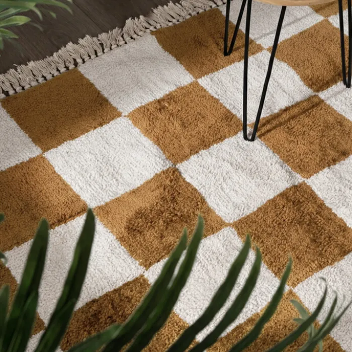 Teppich kariert - Blox Fringe ockergelb weiß