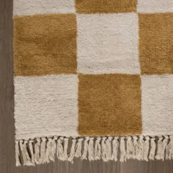 Teppich kariert - Blox Fringe ockergelb weiß