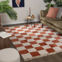 Teppich kariert - Blox Fringe terracotta weiß