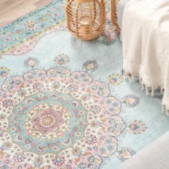 Teppich Vintage - Lily Medaillon Hellblau Türkis