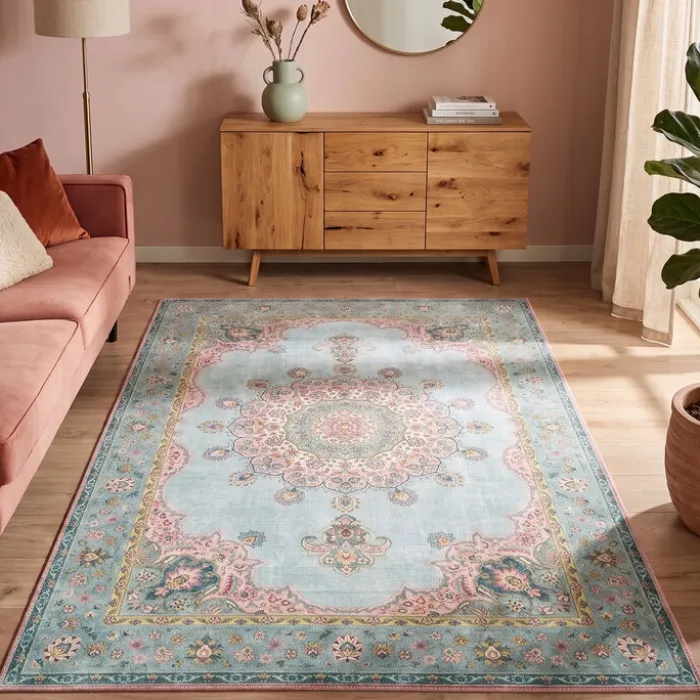 Teppich Vintage - Lily Medaillon Hellblau Türkis