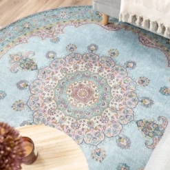 Teppich Vintage Rund - Lily Medaillon Hellblau Türkis