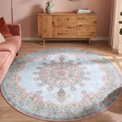 Teppich Vintage Rund - Lily Medaillon Hellblau Türkis