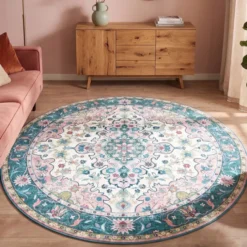 Teppich Vintage Rund - Lily Oriental Blau Rosa