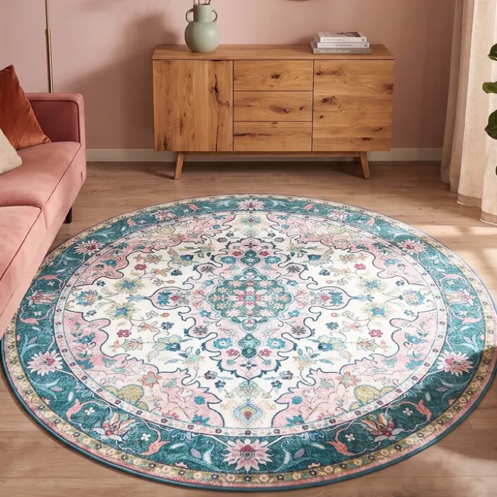 Teppich Vintage Rund - Lily Oriental Blau Rosa